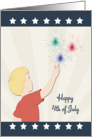Retro Boy Pointing to Fireworks with Stars for 4th of July card