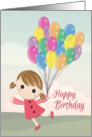 Cartoon Girl in a Pink Dress Running with Balloons for Birthday card