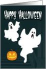 Two Ghosts in Front of a Haunted Staircase with Pumpkin for Halloween card