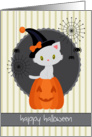 Kitten on a Pumpkin with Spider webs and Witchs Hat for Halloween card