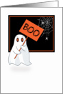 Ghost Holding a Boo Sign with Spider Web for Halloween card