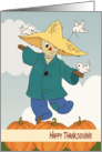 Scarecrow in a Pumpkin Patch with Birds for Thanksgiving card