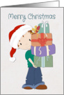 Cartoon Boy holds Presents and has a Santa Hat for Christmas card