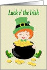 Little Leprechaun Girl with Pot of Gold for St. Patricks Day card