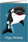Cartoon Orca Whale with Wavy Background for Birthday card