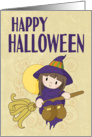 Cute Witch with Broom and Moon for Halloween card