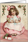 Vintage Illustration with Girl and Doll for Christmas card