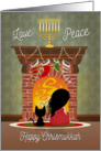 Interfaith Holiday with Girl and Cat Sitting in Front of Fireplace card