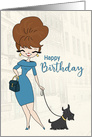 Sassy Woman in Blue Dress Walking a Dog for Birthday card