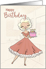 Lovely Lady in Kitchen with a Pink Birthday Cake for Birthday card