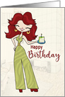 Woman in Retro Jumpsuit with Piece of Birthday cake for Birthday card