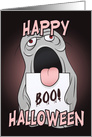 Ghost Holding Boo Sign for Happy Halloween card