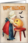 Girl with Pumpkin and Bats for Vintage Halloween card