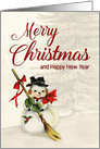 Vintage Snowman with Broom and Large Pine Tree for Christmas card