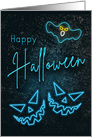 Neon Happy Halloween with Pumpkin Faces and Ghost card