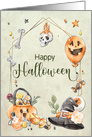 Watercolor Halloween Elements with Balloon and Witchs Hat card