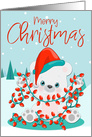 Baby Polar Bear with Lights in a Forest for Christmas card