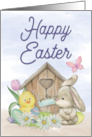 Watercolor Duck and Bunny with House and Butterfly for Easter card