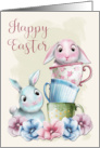 Bunny in Teacups with Blue Bunny and Flowers for Happy Easter card