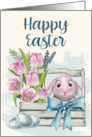 Bunny in a Crate with Tulips and Eggs for Happy Easter card