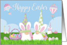 Gnomes Hunting for Eggs with Hot Air Balloons for Happy Easter card