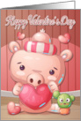 Pig Holding Heart with Cactus for Happy Valentines Day card