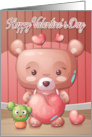 Bear Holding Heart with Cactus for Happy Valentines Day card