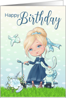 Little Girl with Scooter and Rabbit for Happy Birthday card