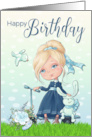 Little Girl with Scooter and Rabbit for Happy Birthday card