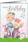 Girl on Moped with Baby Fox and Flower for Happy Birthday card