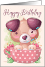 Puppy Dog in a Pink Teacup with Flowers for Happy Birthday card