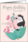 For Girlfriend Zebra in Floating Umbrella for Happy Birthday Away at College card