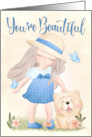 Sweet Girl in Blue Dress and Chow Puppy for Encouragement card