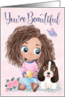 Little Girl with Basset Hound Puppy and Flowers for Encouragement card