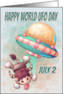 Happy World UFO Day with Spaceship and Cow card
