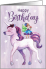 Happy Birthday with Watercolor Unicorn and Fairy card