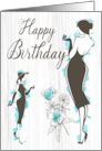 Women Silhouettes with Flowers and Blue Watercolor for Happy Birthday card