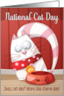 National Cat Day with Starving White Cat and Food Bowl card