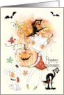 Watercolor Girl with Dog and Black Cat for Halloween card