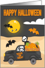 Skeletons and Truck with Bats for Happy Halloween card