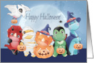 Costumed Dinosaurs Trick or Treating with Full Moon for Halloween card