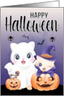 Costumed Kitties with Pumpkins and Spiders for Halloween card