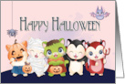 Group of Kittens in Costume with Bat and Spider for Halloween card