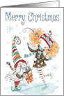 Merry Christmas with Watercolor Girl on Ice Skates and Christmas Gnome card