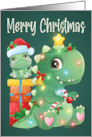 Green Dino with Baby and Christmas Lights and Presents Merry Christmas card