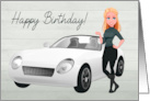 Pretty Blond Lady with White Sports Car for Happy Birthday card