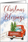 Red Truck with Christmas Trees and Presents for Christmas Blessings card