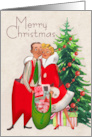 Retro Couple in Santa Suit with Christmas Trees and Presents card