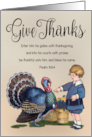 Vintage Thanksgiving with Boy and Turkey and Bible Verse card