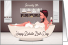 Happy Bubble Bath Day with Lady in Bathtub in Bathroom card